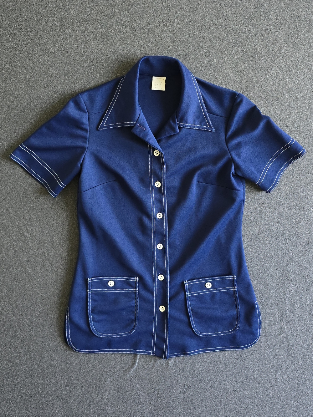 Vintage Button-Up Short Sleeve Top Contrast Stitching Women's Size 12 Navy White